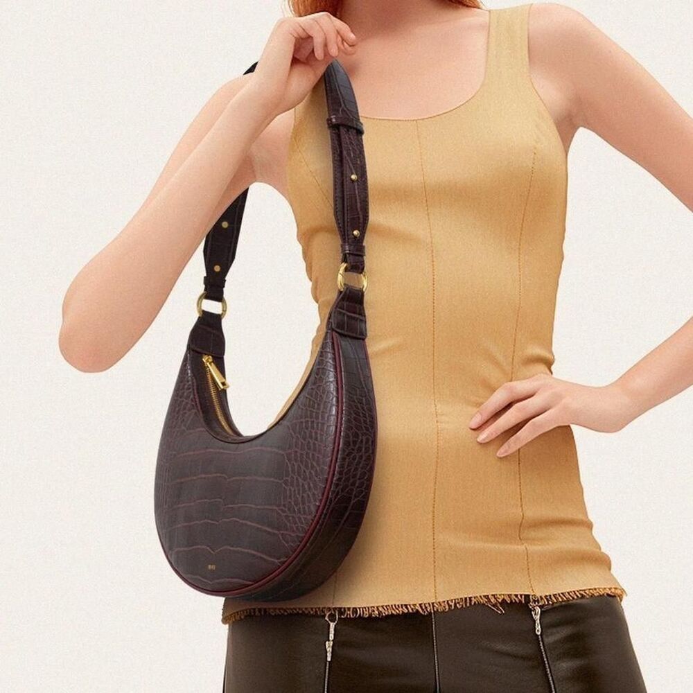 JW PEI Carly Saddle Bag Brown Croc Vegan Leather Shoulder Bag Gold Hardware